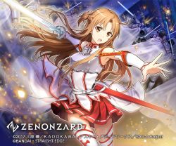 Rule 34 | 1girl, asatani tomoyo, asuna (sao), bare shoulders, boots, braid, breasts, brown eyes, brown hair, commentary request, female focus, holding, holding sword, holding weapon, long hair, looking at viewer, matching hair/eyes, medium breasts, official art, open mouth, red skirt, skirt, smile, solo focus, sword, sword art online, thigh boots, thighhighs, thighs, translation request, weapon, white thighhighs, zenonzard