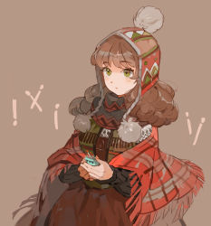 Rule 34 | 1girl, brown background, brown hair, green eyes, little match girl, long hair, looking at viewer, matchbox, matchgirl, matches, metawin, plaid, plaid scarf, pom pom (clothes), scarf, standing, winter clothes