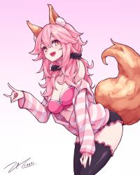 Rule 34 | 1girl, :d, animal ears, black scrunchie, black thighhighs, breasts, cleavage, commentary request, dated, fang, fate/extella, fate/extra, fate/extra ccc, fate/grand order, fate (series), fox ears, fox shadow puppet, fox tail, hair between eyes, hair ornament, hair scrunchie, highres, jacket, long sleeves, looking at viewer, medium breasts, official alternate costume, open mouth, pink background, pink hair, scarlet zel, scrunchie, signature, simple background, smile, solo, striped clothes, striped jacket, tail, tamamo (fate), tamamo no mae (fate/extra), tamamo no mae (spring casual) (fate), thighhighs, yellow eyes