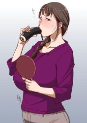 Rule 34 | 10s, 1girl, blush, braid, breasts, brown eyes, brown hair, earrings, food, ganto, gradient background, hair over shoulder, huge breasts, jewelry, lips, long hair, looking at viewer, looking to the side, matching hair/eyes, mirror, nose blush, phallic symbol, ponytail, purple shirt, segawa misato, sexually suggestive, shirobako, shirt, sidelocks, simple background, single braid, solo, source request, sushi, sweatdrop, upper body