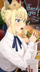 Rule 34 | 1girl, aqua eyes, artist name, artoria pendragon (all), artoria pendragon (fate), bendy straw, blonde hair, blue ribbon, blurry, blurry background, braid, burger, burger king, commentary, cup, disposable cup, drinking straw, english commentary, fast food, fate/stay night, fate (series), food, french braid, french fries, from side, highres, holding, holding food, indoors, long sleeves, milestone celebration, neck ribbon, open mouth, paper crown, ribbon, saber (fate), sasoura, shirt, solo, sparkle, thank you, white shirt, wing collar