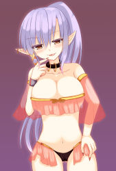 Rule 34 | 1girl, blush, breasts, cleavage, hand on own hip, highres, large breasts, long hair, looking at viewer, original, pointy ears, purple eyes, purple hair, smile, solo, suzunone rena, tongue, tongue out