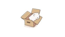 Rule 34 | animal, animal focus, artist name, black eyes, blush stickers, box, cardboard box, dog, fluffy, from above, fuwa fuwa dog, in box, in container, no humans, original, shadow, simple background, solid circle eyes, solo, twitter username, white background