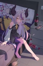 Rule 34 | 1girl, absurdres, ahoge, ascot, bare legs, bare shoulders, barefoot, black dress, cellphone, character pillow, coca-cola, dakimakura (object), demon horns, drawer, dress, feet, full body, grey hair, highres, hololive, horns, indoors, la+ darknesss, long hair, long sleeves, looking at viewer, multicolored hair, no shoes, on bed, parted lips, phone, pillow, pointy ears, purple hair, purple legwear, quarterlift, sakamata chloe, single leg pantyhose, sitting, smartphone, soda bottle, solo, streaked hair, thighhighs, tokoyami towa, very long hair, virtual youtuber, yellow ascot, yellow eyes