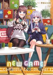 Rule 34 | 2girls, black pantyhose, black skirt, blue eyes, blush, brown hair, collared shirt, controller, cup, formal, game controller, highres, holding, holding controller, holding game controller, long hair, long sleeves, mozuku (new game!), multiple girls, new game!, off-shoulder sweater, off shoulder, open mouth, pantyhose, playing games, purple eyes, purple hair, second-party source, shirt, sitting, skirt, slippers, smile, socks, suit, suzukaze aoba, sweater, takimoto hifumi, teeth, tokunou shoutarou, twintails, upper teeth only, white shirt, white socks, white sweater