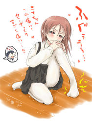 Rule 34 | 2girls, blush, crying, crying with eyes open, dated, heart, heterochromia, highres, long hair, long sleeves, minna-dietlinde wilcke, mishiro shinza, multiple girls, no shoes, panties, panties over pantyhose, pantyhose, red eyes, red hair, sakamoto mio, school uniform, serafuku, skirt, solo focus, sparkle, strike witches, suspenders, tears, translation request, underwear, wavy mouth, white legwear, white panties, world witches series, aged down