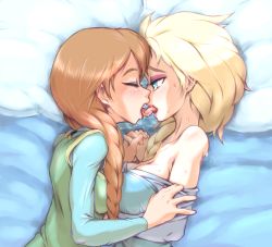 Rule 34 | 2girls, anna (frozen), bad id, bad pixiv id, bare shoulders, blonde hair, breasts, brown hair, cleavage, elsa (frozen), eyeshadow, freckles, french kiss, frozen (disney), holding hands, highres, incest, kiss, large breasts, long hair, makeup, moyoosu, multiple girls, raised eyebrows, saliva, siblings, sisters, sweat, undressing, yuri