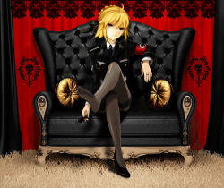 Rule 34 | 1girl, absurdres, ahoge, armband, artoria pendragon (all), artoria pendragon (fate), black pantyhose, blonde hair, couch, crossed legs, fate/zero, fate (series), feet, green eyes, hair ribbon, highres, jewelry, jpeg artifacts, kissbaby, looking at viewer, military, military uniform, nazi, no shoes, pantyhose, ribbon, ring, saber (fate), shoes, single shoe, sitting, solo, swastika, thighband pantyhose, toes, uniform