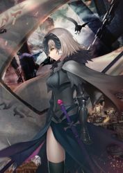 Rule 34 | 1girl, ahoge, banner, bird, black dress, black thighhighs, breasts, breasts apart, chain, dress, fate/grand order, fate (series), from side, gauntlets, highres, jeanne d&#039;arc (fate), jeanne d&#039;arc alter (avenger) (fate), jeanne d&#039;arc alter (avenger) (first ascension) (fate), jeanne d&#039;arc alter (fate), looking down, medium breasts, outdoors, red dress, sheath, sheathed, short hair, silver hair, solo, standing, thighhighs, xie wang, yellow eyes