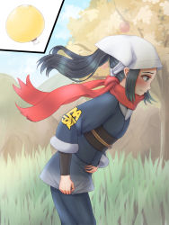 Rule 34 | 1girl, akari (pokemon), apotea, black eyes, black hair, blue kimono, blue pants, blue sky, blush, closed mouth, cloud, creatures (company), day, embarrassed, female focus, flat chest, from side, game freak, grass, hand on own stomach, have to pee, head scarf, highres, japanese clothes, kimono, layered sleeves, leaning forward, long sleeves, matching hair/eyes, nintendo, obi, outdoors, pants, pokemon, pokemon legends: arceus, ponytail, profile, red scarf, sash, scarf, sidelocks, sky, solo, standing, sweat, textless version, tree, urine meter, walking, wavy mouth, white headwear