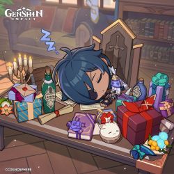 Rule 34 | 1boy, black gloves, blue hair, book, bookshelf, bottle, bouquet, box, candle, chair, chibi, closed eyes, commentary, couch, dark-skinned male, dark skin, english commentary, eyepatch, fingerless gloves, flower, genshin impact, gift, gift box, gloves, highres, indoors, kaeya (genshin impact), long hair, male focus, official art, paper, sitting, sleeping, solo, window, zzz