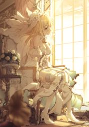 Rule 34 | 1girl, ahoge, artist name, belt, blonde hair, bodysuit, breasts, bridal veil, chain, cleavage, commentary request, fate/extra, fate/extra ccc, fate/grand order, fate (series), floating hair, flower, full body, gloves, green eyes, high heels, highres, large breasts, lock, looking afar, medium breasts, nero claudius (bride) (fate), nero claudius (fate), nero claudius (fate) (all), padlock, padlocked collar, phonograph, rose, rosuuri, sitting, smile, solo, sunset, thighhighs, veil, watermark, web address, white flower, white footwear, white gloves, white rose, white thighhighs, wind, wind lift, window, zipper