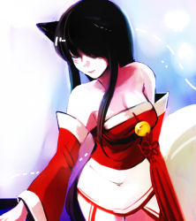 Rule 34 | 1girl, ahri (league of legends), animal ears, bare shoulders, black hair, breasts, cleavage, detached sleeves, closed eyes, korean clothes, league of legends, midriff, mizoreame, solo