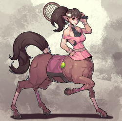 Rule 34 | 1girl, absurdres, ball, brown hair, centaur, fengmo, full body, halterneck, hand on own hip, highres, hooves, horse tail, leg up, looking at viewer, monster girl, off shoulder, original, over shoulder, pink shirt, pointy ears, ponytail, racket, shirt, smile, solo, sportswear, tail, taur, tennis, tennis ball, tennis racket, tennis uniform
