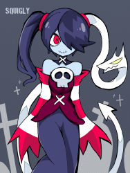 Rule 34 | 1girl, artist request, blue hair, blue skin, character name, colored skin, cowboy shot, cross, detached collar, detached sleeves, dress, facing viewer, grave, grey background, hair over one eye, highres, leviathan (skullgirls), ponytail, red eyes, side ponytail, skullgirls, smile, solo, squigly (skullgirls), stitched mouth, stitches, striped sleeves
