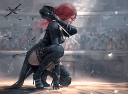 Rule 34 | 1girl, belt boots, black dress, black footwear, black gloves, black thighhighs, boots, colosseum, convenient leg, copyright name, dress, from side, full body, ghostblade, gloves, high heel boots, high heels, highres, on one knee, realistic, red eyes, red hair, sword, thigh boots, thighhighs, weapon, wlop