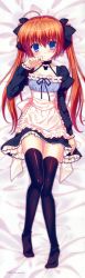 Rule 34 | 1girl, absurdres, apron, bed, bed sheet, black thighhighs, blue eyes, blush, brown hair, copyright request, dakimakura (medium), dress, from above, full body, highres, huge filesize, legs, long sleeves, looking at viewer, lying, nanao naru, on back, on bed, solo, thighhighs, twintails