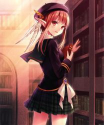 Rule 34 | 10s, 1girl, absurdres, book, brown eyes, brown hair, elf, feathers, fukahire (ruinon), hair ornament, hat, highres, looking at viewer, looking back, open mouth, plaid, plaid skirt, pleated skirt, pointy ears, ruinon, school uniform, shingeki no bahamut, short hair, sidelocks, skirt, smile, solo