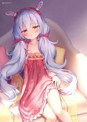 Rule 34 | 1girl, :o, animal ears, azur lane, blush, bow, chinese clothes, couch, dress, flower, frilled dress, frills, full body, hair between eyes, hair bow, hairband, hand fan, hanfu, holding, holding fan, in tree, laffey (azur lane), laffey (white rabbit welcomes the spring) (azur lane), long hair, long sleeves, low twintails, paper fan, parted lips, rabbit ears, red bow, red dress, red eyes, red flower, red hairband, see-through, see-through sleeves, silver hair, sitting, suyamori, tree, twintails, very long hair