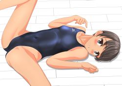 Rule 34 | 1girl, absurdres, black eyes, black hair, blue one-piece swimsuit, breasts, collarbone, competition swimsuit, covered navel, feet out of frame, highleg, highleg swimsuit, highres, logo, looking at viewer, lying, mizuno (brand), one-piece swimsuit, original, parted lips, short hair, small breasts, solo, spread legs, swimsuit, takafumi, tan, tanline