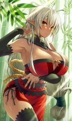 Rule 34 | 1girl, antenna hair, bamboo, bamboo forest, bare shoulders, black thighhighs, blush, breasts, cleavage, dark-skinned female, dark skin, detached collar, detached sleeves, dress, emanon123, forest, highres, large breasts, long hair, looking at viewer, nature, obi, orange eyes, pointy ears, red dress, sansei muramasa, sash, smile, solo, soukou akki muramasa, thighhighs, thighs, white hair