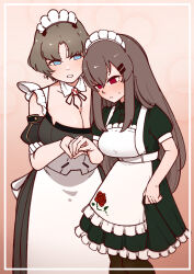 Rule 34 | 2girls, absurdres, alternate costume, ash arms, blush, breasts, brown hair, cleavage, closed mouth, collarbone, commentary request, dress, earrings, gendouki, hair between eyes, hair ornament, highres, jewelry, large breasts, long hair, maid, maid headdress, marfusha, marfusha (marfusha), medium breasts, multiple girls, pantyhose, red eyes, ring, simple background, sweat, wedding ring