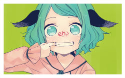 Rule 34 | 1girl, animal ears, bad id, bad tumblr id, border, close-up, commentary request, english text, frilled sleeves, frills, green background, green eyes, grin, hand up, heart, heart in eye, kasodani kyouko, katagiri (mighty swing), long sleeves, looking at viewer, mouth pull, parted bangs, portrait, shiny skin, short hair, simple background, smile, solo, straight-on, symbol in eye, tareme, touhou, wavy hair, white border