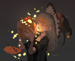 Rule 34 | 1girl, black shirt, blonde hair, demizu posuka, fangs, floating, food, frilled hat, frills, glowing, grey background, hat, hat feather, holding, holding food, holding pumpkin, holding vegetable, jack-o&#039;-lantern, lace, lace-trimmed shirt, lace trim, long hair, open mouth, orange eyes, original, pie, pumpkin, shirt, solo, spoon, upper body, vegetable, witch hat