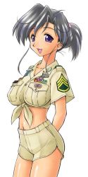 Rule 34 | 1girl, adapted costume, adapted uniform, arms behind back, badge, black hair, breast pocket, breasts, cowboy shot, crop top, earrings, ebifly, folded ponytail, front-tie top, hair ornament, hairclip, happy, jewelry, looking at viewer, midriff, military, military uniform, navel, paratrooper, pocket, ponytail, purple eyes, sargent, scout, shirt, short hair, short sleeves, shorts, sidelocks, simple background, smile, solo, standing, stud earrings, tied shirt, uniform, united states army, united states marine corps, white background