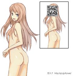 Rule 34 | 1girl, ass, bad id, bad pixiv id, censored, convenient censoring, female focus, hair censor, hair over breasts, long hair, looking back, nakamura nagare, nude, open mouth, original, qr code, solo