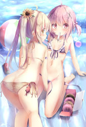 Rule 34 | 2girls, ahoge, all fours, ass, ball, bare arms, bare shoulders, beachball, bikini, blush, breasts, brown bikini, brown eyes, brown hair, clip studio paint (medium), collarbone, commentary request, day, doughnut, food, food in mouth, frilled bikini, frills, front-tie bikini top, front-tie top, hair between eyes, hair bobbles, hair ornament, highres, long hair, looking at viewer, looking back, mouth hold, multiple girls, natuna natu, navel, original, outdoors, pastry box, purple bikini, red eyes, revision, side-tie bikini bottom, small breasts, striped bikini, striped clothes, swimsuit, twintails, untied bikini, water, x hair ornament