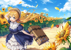 Rule 34 | 1girl, absurdres, blonde hair, blue dress, blue eyes, blue sky, bug, chohe, cloud, cloudy sky, day, dress, field, flower, flower field, frilled dress, frills, hair ribbon, hat, highres, huge filesize, insect, ladybug, long hair, looking at viewer, open mouth, original, outdoors, pinafore dress, red ribbon, ribbon, short sleeves, sky, sleeveless, sleeveless dress, solo, standing, straw hat, suitcase, sunflower, sunflower field