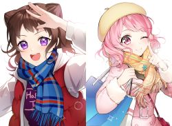 Rule 34 | 2girls, :d, ;), bag, bang dream!, bari dal, beret, blue scarf, blush, brown hair, clothes writing, coat, cone hair bun, finger to cheek, fur-trimmed sleeves, fur trim, hair bun, hat, highres, holding, holding bag, hood, hood down, hooded coat, index finger raised, looking at viewer, maruyama aya, medium hair, multiple girls, one eye closed, open mouth, pink coat, pink eyes, pink hair, plaid, plaid scarf, purple eyes, raglan sleeves, salute, scarf, shirt, shopping bag, shoulder bag, smile, sparkling eyes, toyama kasumi, upper body, white background, winter clothes, yellow headwear, yellow scarf