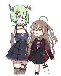 Rule 34 | 2girls, :d, :q, aged down, ahoge, antlers, belt, black dress, black skirt, black sweater, brown eyes, brown hair, ceres fauna, ceres fauna (goth), choker, crinoline, dress, emo fashion, fishnets, flower, giao2 ng, goth fashion, green hair, hair flower, hair ornament, hair over one eye, harness, hashtag only commentary, heart, heart choker, heart o-ring, highres, hololive, hololive english, horn ornament, horn ribbon, horns, huge ahoge, lace-trimmed choker, lace trim, legwear garter, looking at another, multicolored hair, multiple girls, nanashi mumei, nanashi mumei (emo), nightmare (nanashi mumei), o-ring, o-ring choker, o-ring harness, o-ring thigh strap, official alternate costume, official alternate hairstyle, open mouth, plaid, plaid skirt, pleated skirt, red skirt, red sweater, ribbon, see-through dress layer, shirt tucked in, short hair, single legwear garter, skirt, smile, streaked hair, striped clothes, striped sweater, sweater, sweater under shirt, thigh strap, thighhighs, tongue, tongue out, torn clothes, torn sweater, tree horns, two-tone sweater, virtual youtuber, yellow eyes