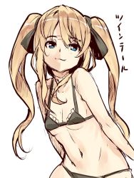 Rule 34 | 1girl, bare arms, bare shoulders, bikini, black bikini, black bow, blonde hair, blue eyes, bow, breasts, closed mouth, collarbone, hair between eyes, hair bow, long hair, looking away, navel, original, sidelocks, simple background, sketch, small breasts, solo, swimsuit, translated, twintails, very long hair, white background, yuuji (yukimimi)