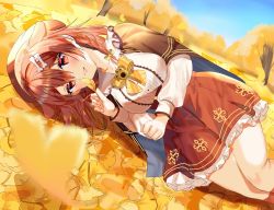 Rule 34 | 1girl, animal ears, autumn leaves, beret, blush, bone hair ornament, bow, bowtie, braid, breasts, brown cloak, brown hair, cloak, commentary, day, dog ears, ginkgo leaf, hair between eyes, hair ornament, hat, holding, holding leaf, hololive, inugami korone, inugami korone (street), jinbei (user tpny4757), leaf, lips, looking at viewer, lying, medium breasts, medium hair, miniskirt, on side, outdoors, plaid, plaid bow, plaid bowtie, plaid neckwear, red eyes, red hat, red skirt, shirt, side braids, skirt, smile, solo, thighs, tree, twin braids, virtual youtuber, white shirt, yellow bow, yellow bowtie