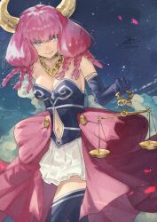 Rule 34 | 1girl, aura (sousou no frieren), blue eyes, braid, clothing cutout, demon girl, demon horns, elbow gloves, fadingz, gloves, highres, horns, jewelry, long hair, looking at viewer, navel cutout, necklace, pink hair, scales, signature, solo, sousou no frieren