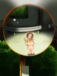 Rule 34 | 1girl, :d, artist request, blue socks, breasts, brown hair, cellphone, character request, clothes lift, copyright request, exhibitionism, female pov, female pubic hair, foliage, holding, holding phone, lamp, looking at mirror, looking at viewer, mirror, navel, night, nipples, nude, open mouth, phone, pov, pubic hair, public indecency, shirt, shirt lift, short hair, sky, smile, socks, solo, standing, v