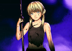 Rule 34 | 1girl, bare arms, bare shoulders, black background, black blood, blonde hair, blood, blood in hair, blood on arm, blood on clothes, blood on face, blood on hands, bloody weapon, blue background, brown tank top, closed mouth, collarbone, colored blood, commentary request, grey eyes, hair over shoulder, hand up, highres, holding, holding polearm, holding weapon, long hair, looking at viewer, low twintails, midriff, multicolored background, original, polearm, purple background, rustle, signature, sleeveless, solo, standing, tank top, torn clothes, torn tank top, twintails, upper body, weapon