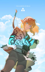 Rule 34 | 1boy, absurdres, archaic set (zelda), arrow (projectile), backlighting, blonde hair, blue sky, bow (weapon), cloud, cloudy sky, copyright name, cowboy shot, earrings, highres, jewelry, lightning, link, medium hair, nintendo, pointy ears, quiver, shorts, sky, solo, t5oy7a8, the legend of zelda, the legend of zelda: breath of the wild, the legend of zelda: tears of the kingdom, weapon