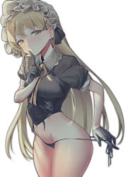 Rule 34 | 1girl, bikini, blonde hair, blush, breasts, earrings, finger to mouth, frills, girls&#039; frontline, gloves, groin, hair ornament, hyury, jewelry, light brown hair, long hair, looking at viewer, medium breasts, panty tug, ppk (girls&#039; frontline), puffy short sleeves, puffy sleeves, short sleeves, shushing, side-tie bikini bottom, solo, swimsuit, thighhighs, thighs, very long hair, white background