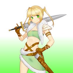 Rule 34 | 1girl, absurdres, armlet, belt, blonde hair, blush, breasts, brown gloves, commentary, commission, cowboy shot, english commentary, fur trim, gloves, gradient background, green background, green eyes, groin, hair bobbles, hair ornament, hand on own hip, highres, ibarazaki emi, katawa shoujo, looking at viewer, medium hair, midriff, navel, over shoulder, sheath, shiyukidraws, simple background, small breasts, smile, solo, strapless, sword, sword over shoulder, tube top, twintails, weapon, weapon over shoulder