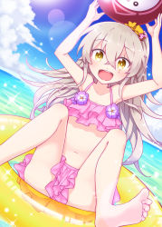 Rule 34 | 1girl, aged down, arms up, ball, bare arms, bare legs, bare shoulders, barefoot, beachball, bikini, collarbone, commentary request, day, dutch angle, flower, girls&#039; frontline, grey hair, hair between eyes, harada (sansei rain), high ponytail, highres, holding, holding ball, horizon, innertube, knees up, layered bikini, long hair, navel, ocean, outdoors, pink bikini, ponytail, purple flower, scar, scar across eye, scar on face, sitting, soles, solo, swim ring, swimsuit, transparent, ump45 (girls&#039; frontline), very long hair, water, yellow eyes