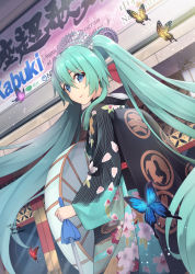 Rule 34 | 1girl, blue eyes, blue hair, bug, butterfly, closed mouth, dutch angle, floating hair, hair between eyes, hatsune miku, highres, holding, insect, japanese clothes, kimono, long hair, sarasa (kanbi), smile, solo, standing, very long hair, vocaloid, yukata