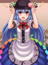 Rule 34 | 1girl, bad id, bad pixiv id, blue hair, blush, double v, food, fruit, hat, highres, hinanawi tenshi, long hair, nekozombie, open mouth, peach, red eyes, solo, touhou, v