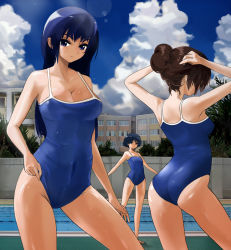 Rule 34 | 3girls, adjusting clothes, adjusting swimsuit, apartment, ass, back, bad id, bad pixiv id, blue hair, blue one-piece swimsuit, breasts, brown hair, cleavage, cloud, competition school swimsuit, day, hair bun, lane line, large breasts, long hair, medium breasts, mta, multiple girls, one-piece swimsuit, outdoors, outstretched arms, pool, poolside, school swimsuit, shiny skin, single hair bun, spread arms, swimsuit