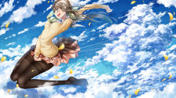 Rule 34 | 1girl, aqua eyes, arm up, armband, bad anatomy, between legs, black pantyhose, blue background, blue sky, blush, breast pocket, breasts, cloud, cluseller, day, female focus, full body, green neckerchief, green ribbon, hair ribbon, hand between legs, happy, hinamizawa kurumi, jumping, knees together feet apart, long sleeves, looking down, miniskirt, mole, mole under mouth, neckerchief, open mouth, outdoors, pantyhose, petals, plaid, plaid skirt, pleated skirt, pocket, pygmalion. (group), red skirt, ribbon, shiny clothes, shirt, side ponytail, sideways glance, skirt, skirt tug, sky, small breasts, smile, solo, sweater, teeth, thighband pantyhose, tongue, white shirt, wind, yellow sweater