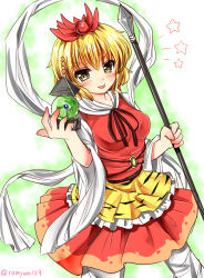 Rule 34 | &gt;:), 1girl, animal print, bishamonten&#039;s pagoda, bishamonten&#039;s spear, black ribbon, blonde hair, blush, cowboy shot, dress, hagoromo, hair ornament, holding, holding weapon, looking at viewer, neck ribbon, ramudia (lamyun), red dress, ribbon, shawl, short hair, solo, star (symbol), tiger print, tongue, tongue out, toramaru shou, touhou, v-shaped eyebrows, weapon, wide sleeves, yellow eyes