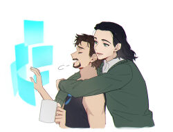 Rule 34 | 2boys, arc reactor, bare shoulders, black hair, black tank top, brown hair, closed eyes, collared shirt, cup, facial hair, fingernails, green eyes, green sweater, hands up, holding, holding cup, holographic monitor, hug, hug from behind, loki (marvel), long sleeves, looking at another, male focus, marvel, marvel cinematic universe, medium hair, multiple boys, murdermuffinloki, open mouth, shirt, short hair, simple background, smile, standing, sweater, tank top, teeth, tongue, tony stark, white background, white shirt