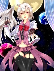 Rule 34 | 1girl, adapted costume, bad id, bad pixiv id, bow, bowtie, dress, earth (planet), fingerless gloves, fujimori tonkatsu, garter belt, garter straps, gloves, hair between eyes, highres, idol, jacket, kishin sagume, long sleeves, microphone, moon, open clothes, open mouth, planet, purple dress, red eyes, short hair, silver hair, single wing, smile, solo, touhou, wings